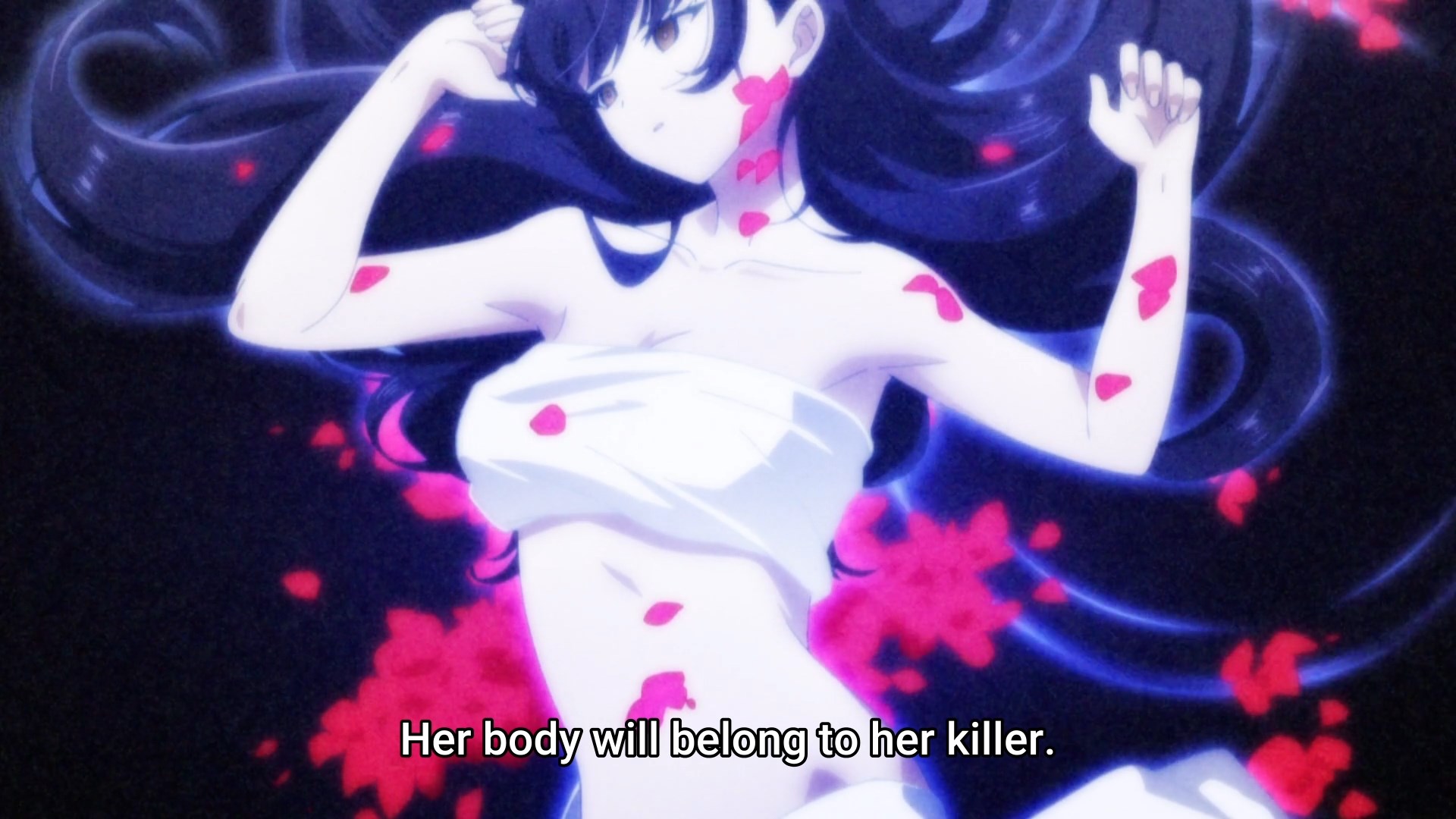 The half naked corpse of his classmate with stylised blood flowing out of her while sakura petals flutter by. The subtitle reads: her body belongs to her killer.